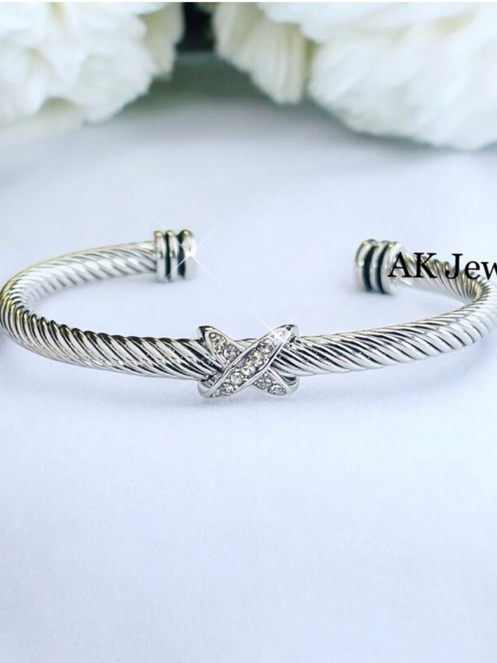 💎BRACELET Silver 1 Pave X Cable Cuff Stainless Steel X Twisted